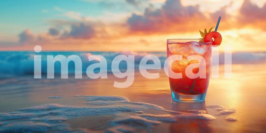 Tropical Sunset Cocktail on a Sandy Beach