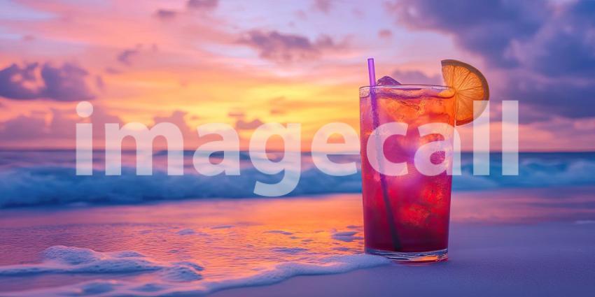 Tropical Sunset Cocktail on a Sandy Beach
