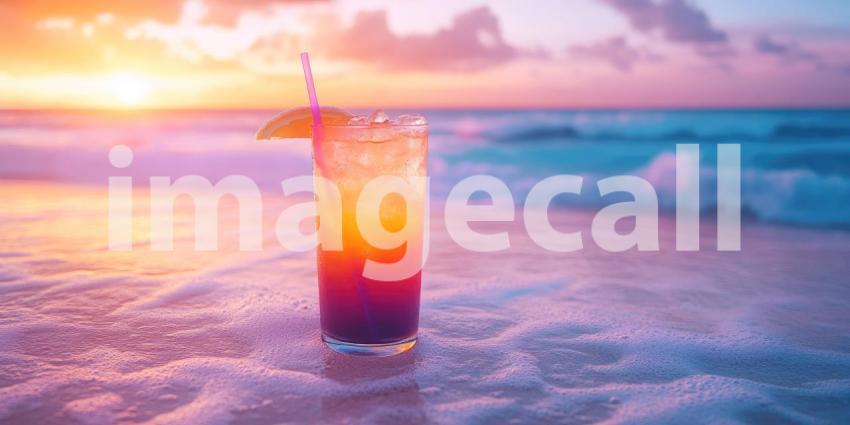 Tropical Sunset Cocktail on a Sandy Beach