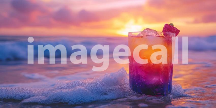 Tropical Sunset Cocktail on a Sandy Beach