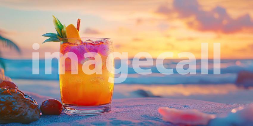 Tropical Sunset Cocktail on a Sandy Beach