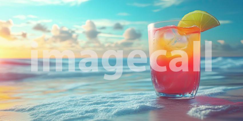 Tropical Sunset Cocktail on a Sandy Beach