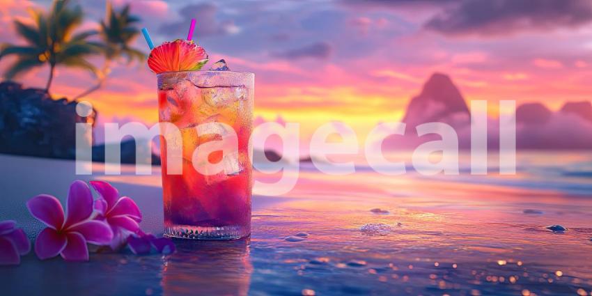 Tropical Sunset Cocktail on a Sandy Beach