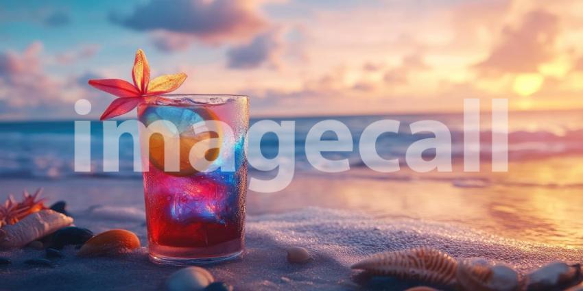 Tropical Sunset Cocktail on a Sandy Beach