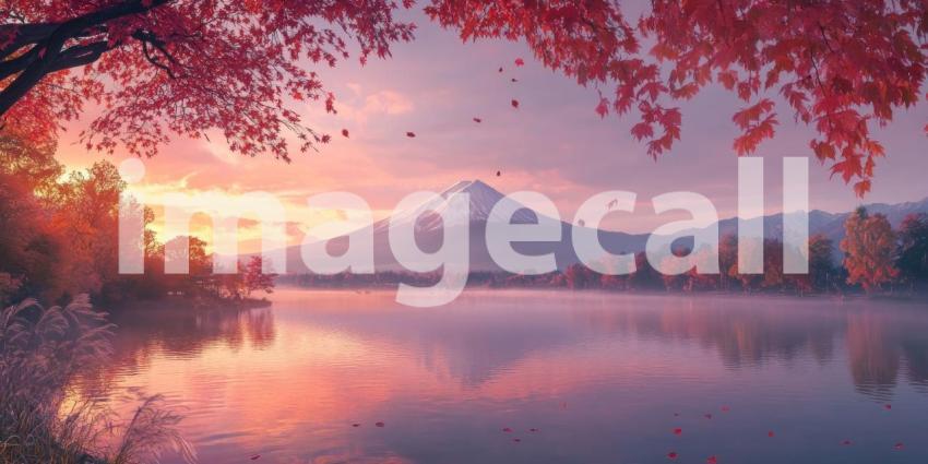 Serene Autumn Sunset Over Misty Mountain Peaks