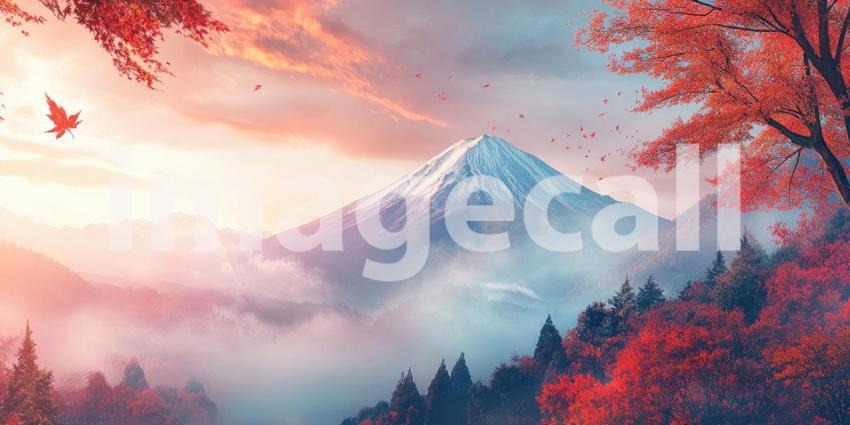 Serene Autumn Sunset Over Misty Mountain Peaks