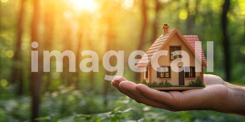 Hand Holding Miniature House Model in Sunlit Forest