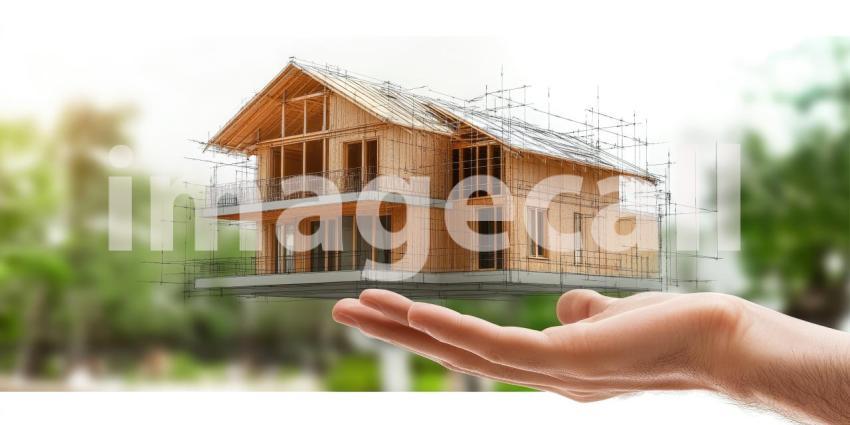 Hand Holding Miniature House Model in Sunlit Forest
