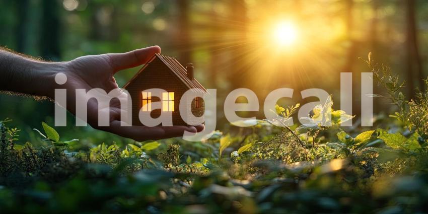 Hand Holding Miniature House Model in Sunlit Forest