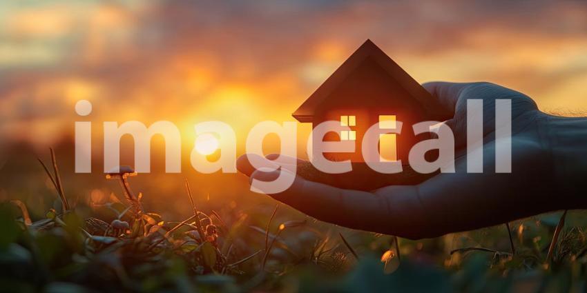 Hand Holding Miniature House Model in Sunlit Forest