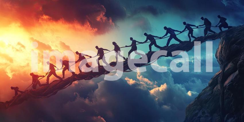 Journey Across the Sky: Silhouettes Walking Hand-in-Hand on a Rope Bridge at Dusk