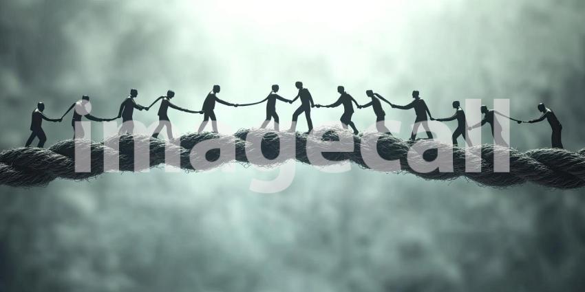 Journey Across the Sky: Silhouettes Walking Hand-in-Hand on a Rope Bridge at Dusk
