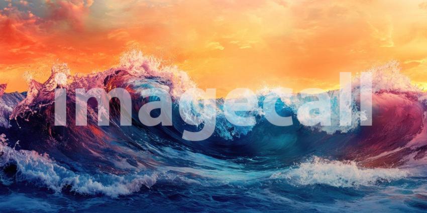 A Fiery Ocean: Waves Crashing Under a Dramatic Sunset