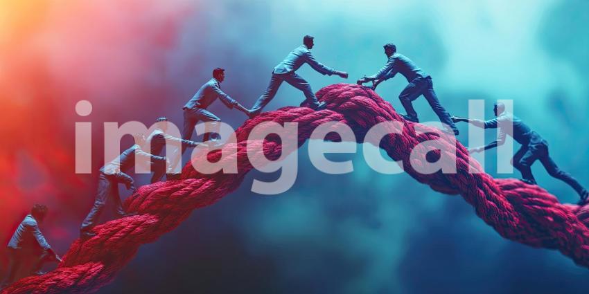 Journey Across the Sky: Silhouettes Walking Hand-in-Hand on a Rope Bridge at Dusk