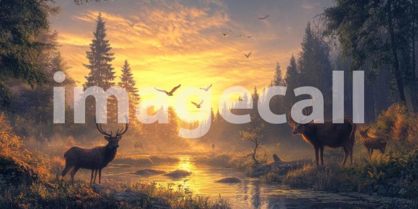 Serene Tranquility: A Deer Watches Over a Misty Dawn