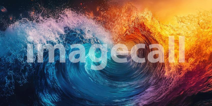 A Fiery Ocean: Waves Crashing Under a Dramatic Sunset