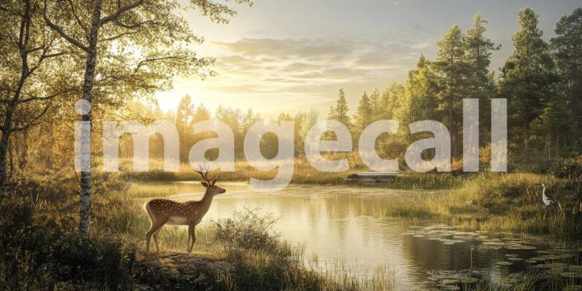 Serene Tranquility: A Deer Watches Over a Misty Dawn