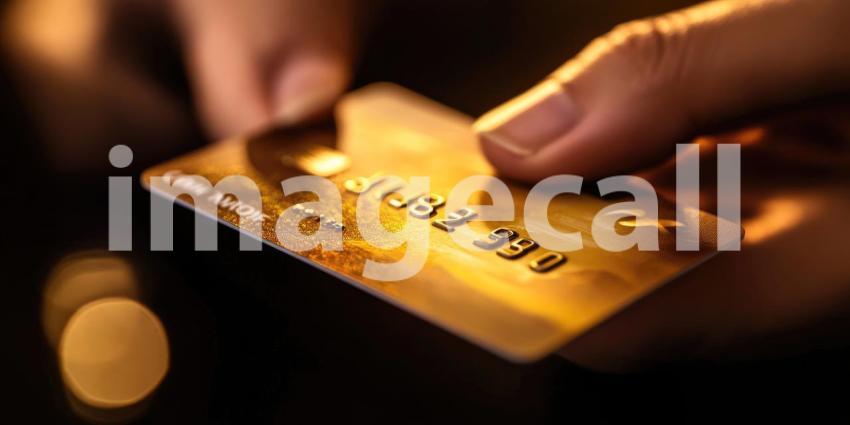 Close-Up of Hand Holding a Black Credit Card with Gold Details