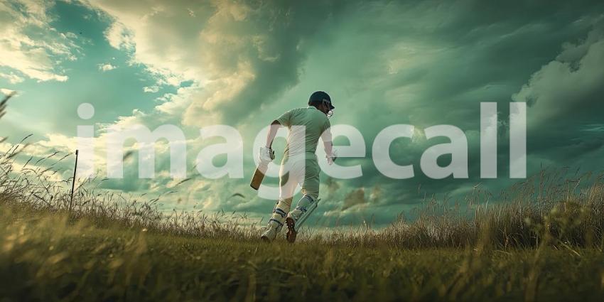 Cricketer Mid-Shot Against Dramatic Cloudy Sky on Cricket Pitch