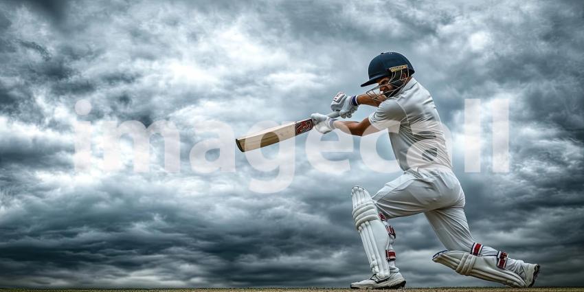 Cricketer Mid-Shot Against Dramatic Cloudy Sky on Cricket Pitch