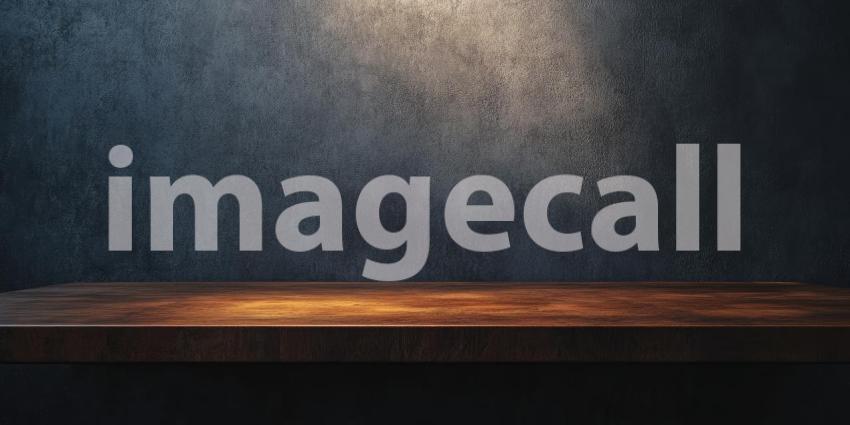 A Rustic Stage: A Wooden Table Bathed in Warm Light Against a Dark, Textured Wall