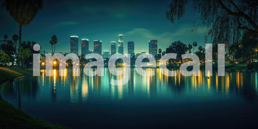 An Urban Oasis: A Tranquil Lake Framed by Lush Greenery and the City Skyline