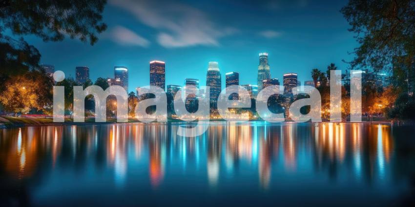 An Urban Oasis: A Tranquil Lake Framed by Lush Greenery and the City Skyline