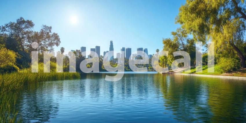 An Urban Oasis: A Tranquil Lake Framed by Lush Greenery and the City Skyline