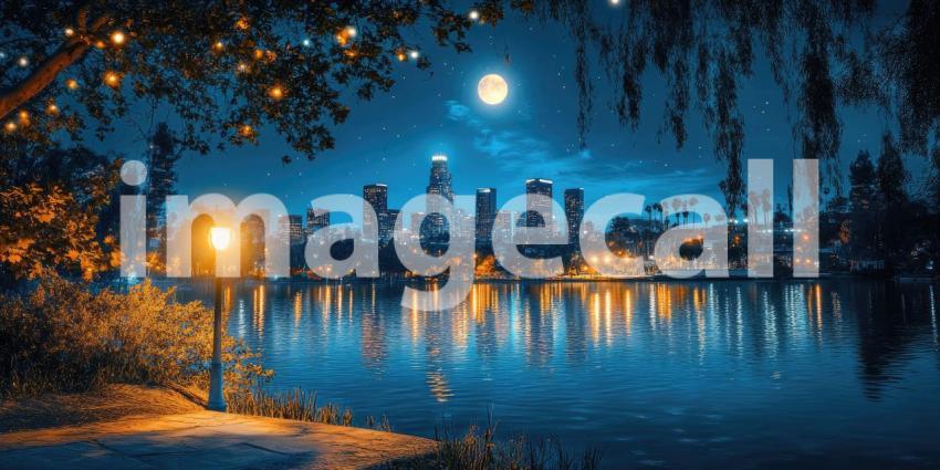 An Urban Oasis: A Tranquil Lake Framed by Lush Greenery and the City Skyline