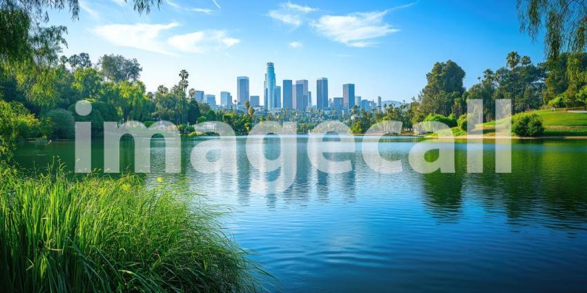 An Urban Oasis: A Tranquil Lake Framed by Lush Greenery and the City Skyline