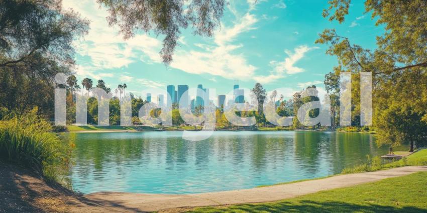 An Urban Oasis: A Tranquil Lake Framed by Lush Greenery and the City Skyline