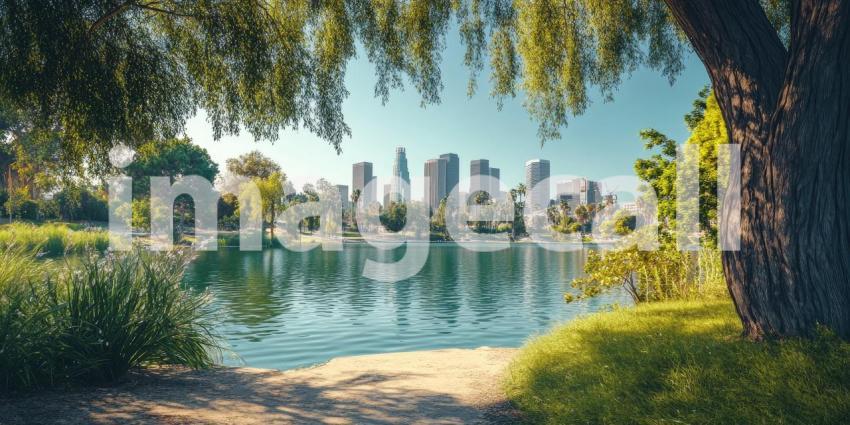 An Urban Oasis: A Tranquil Lake Framed by Lush Greenery and the City Skyline