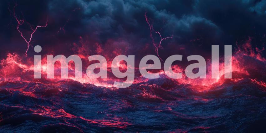 A Sea of Fire: A Stormy Night of Fiery Waves and Lightning