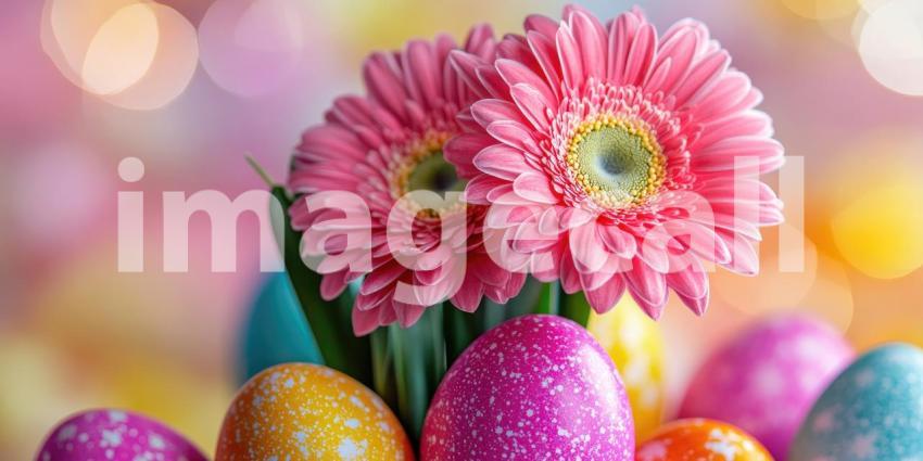 Springtime Symphony: A Colorful Easter Egg Arrangement with a Delicate Pink Gerbera Daisy