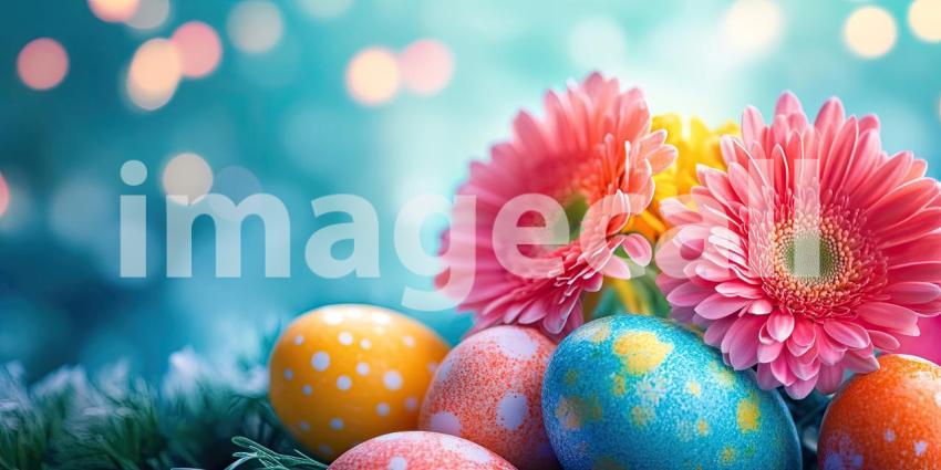 A Springtime Symphony: A Colorful Easter Egg Arrangement with a Delicate Pink Gerbera Daisy