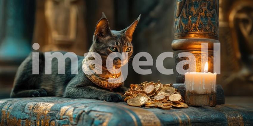 Guardian of the Treasures: A Regal Cat in an Ancient Setting