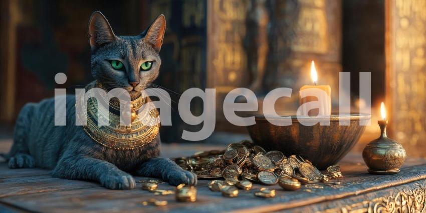 Guardian of the Treasures: A Regal Cat in an Ancient Setting
