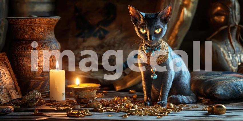 Guardian of the Treasures: A Regal Cat in an Ancient Setting