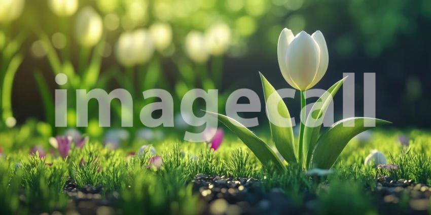 A Sunlit Serenade: A Delicate White Tulip Basking in the Warmth of a Spring Morning