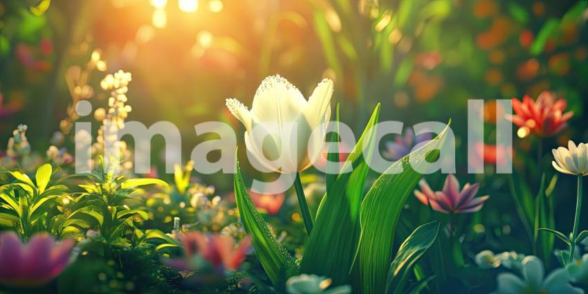 A Sunlit Serenade: A Delicate White Tulip Basking in the Warmth of a Spring Morning