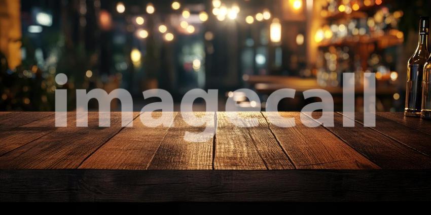 Rustic Retreat: A Wooden Tabletop in a Cozy Bar Setting