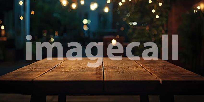 Twilight Ambiance: A Rustic Wooden Table Under a Canopy of Lights