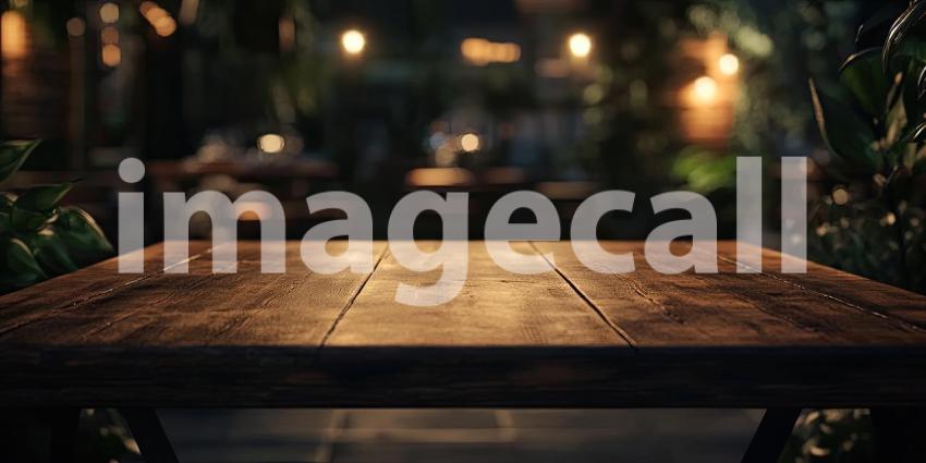 Twilight Ambiance: A Rustic Wooden Table Under a Canopy of Lights