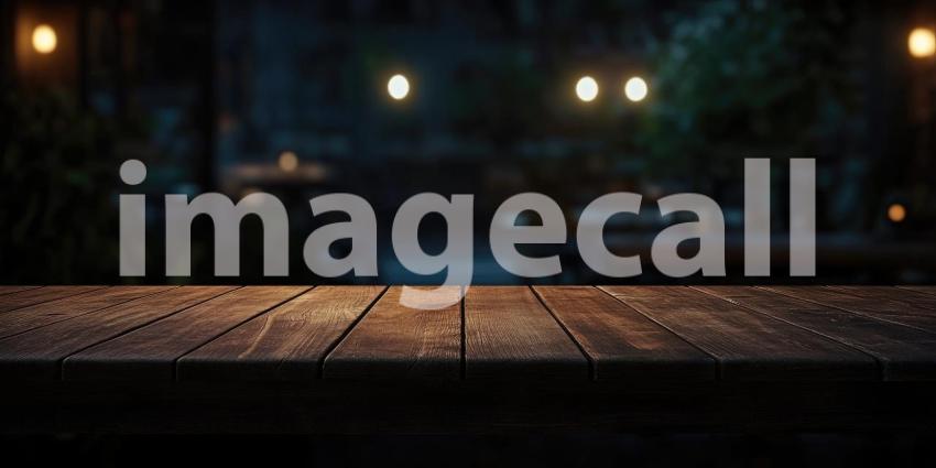 Twilight Ambiance: A Rustic Wooden Table Under a Canopy of Lights