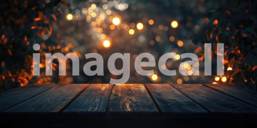 Twilight Ambiance: A Rustic Wooden Table Under a Canopy of Lights