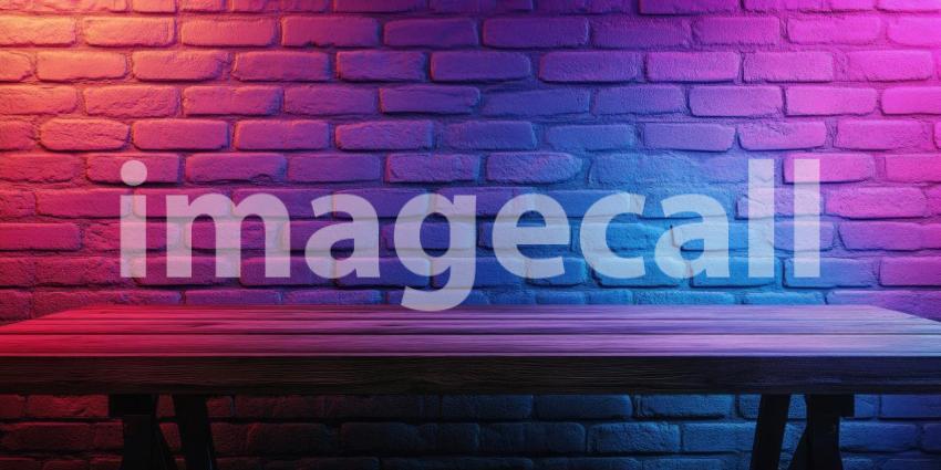 Neon Glow: A Wooden Table Bathed in Electric Light Against a Brick Wall