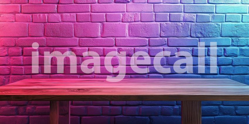 Neon Glow: A Wooden Table Bathed in Electric Light Against a Brick Wall