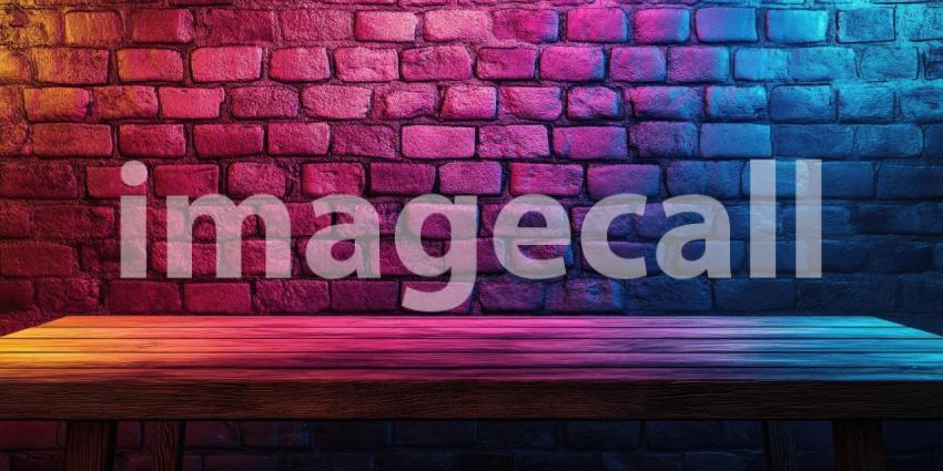 Neon Glow: A Wooden Table Bathed in Electric Light Against a Brick Wall