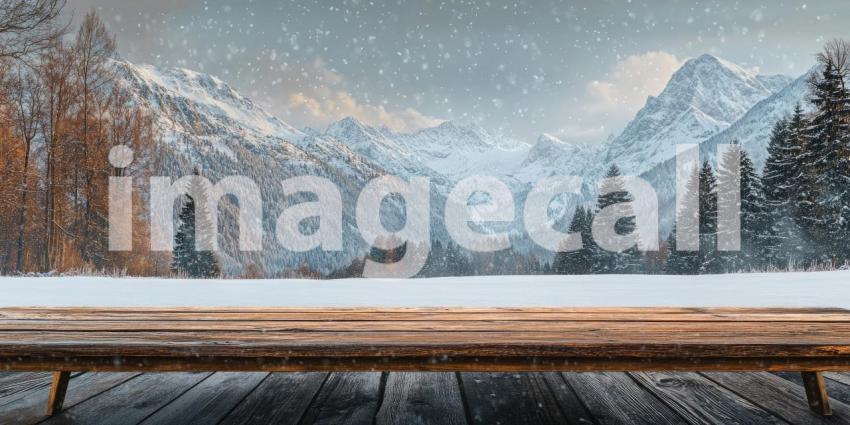 Winter Wonderland: A Snowy Mountain View from a Wooden Deck