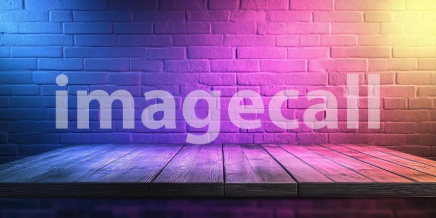 Neon Glow: A Wooden Table Bathed in Electric Light Against a Brick Wall